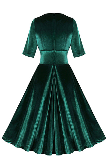 Veludo Verde Escuro V Neck Vestido babado dos anos 1950
